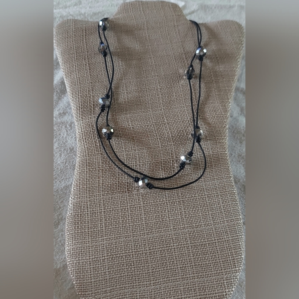 Handmade 12 Crystal Bead And Black Leather Necklace